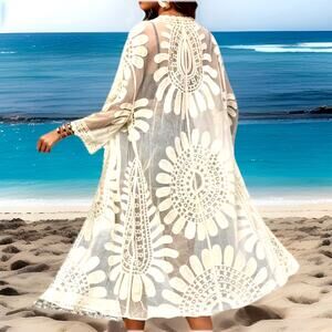 Long lace Duster Kimono Embroidered Robe boho beach Cover Fairy Whimsy Festival